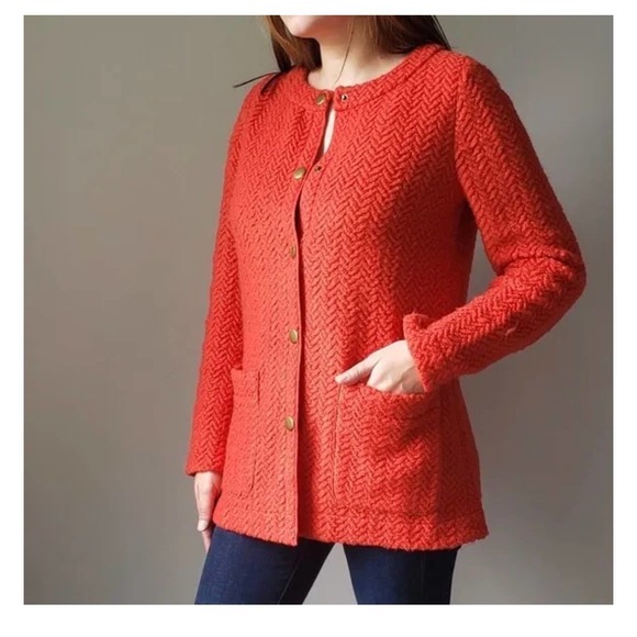 Tabitha Blood Orange‎ Herringbone Wool Knit Jacket XS Anthropologie - Picture 2 of 9